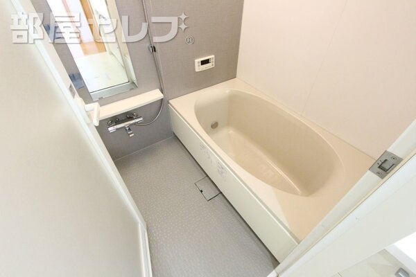 シャワー、鏡付きのお風呂場です。