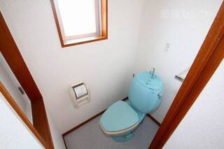 青い色のちょっと変わったトイレです